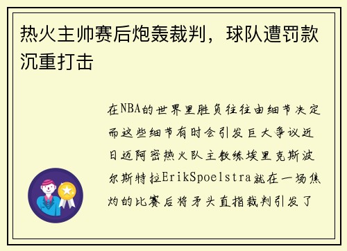 热火主帅赛后炮轰裁判，球队遭罚款沉重打击