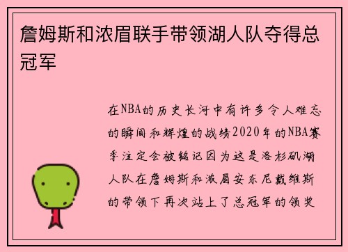 詹姆斯和浓眉联手带领湖人队夺得总冠军