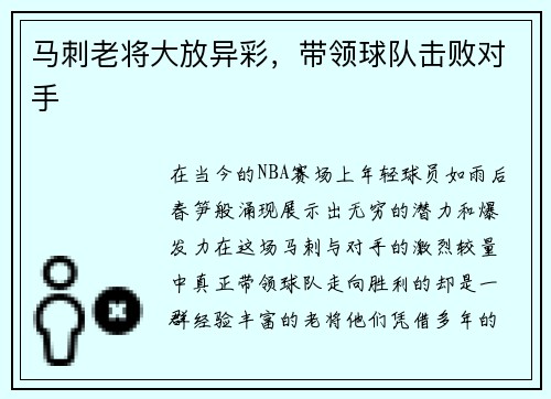 马刺老将大放异彩，带领球队击败对手