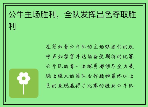 公牛主场胜利，全队发挥出色夺取胜利