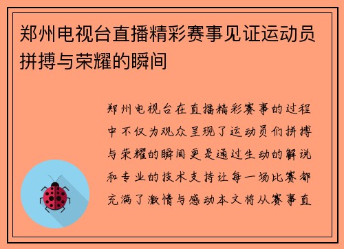 郑州电视台直播精彩赛事见证运动员拼搏与荣耀的瞬间